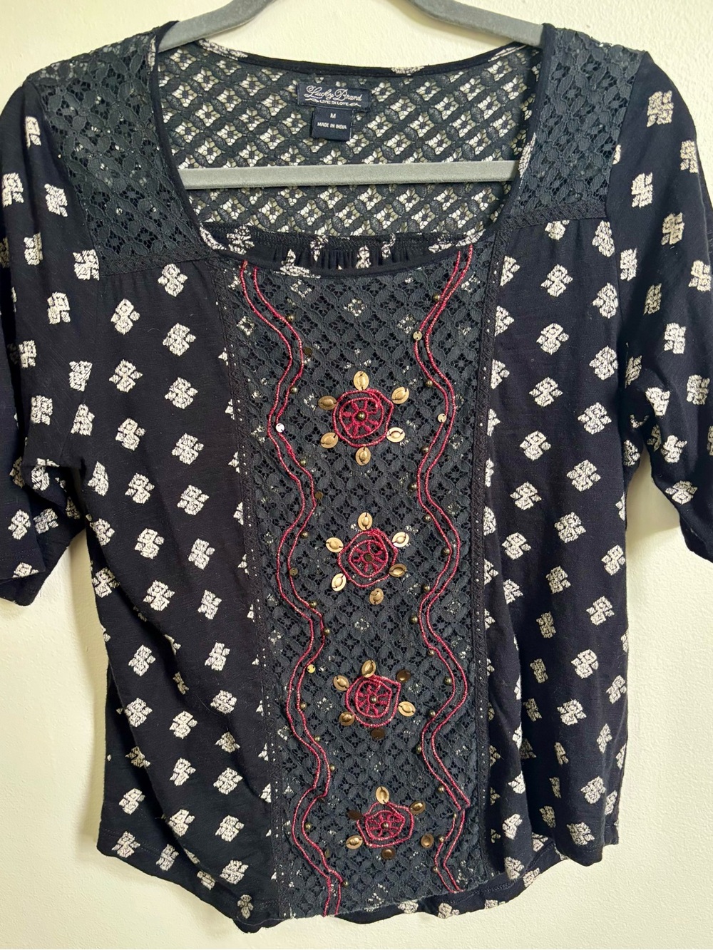 Lucky Brand Black Short Sleeve Embroidered Lace Front Top
